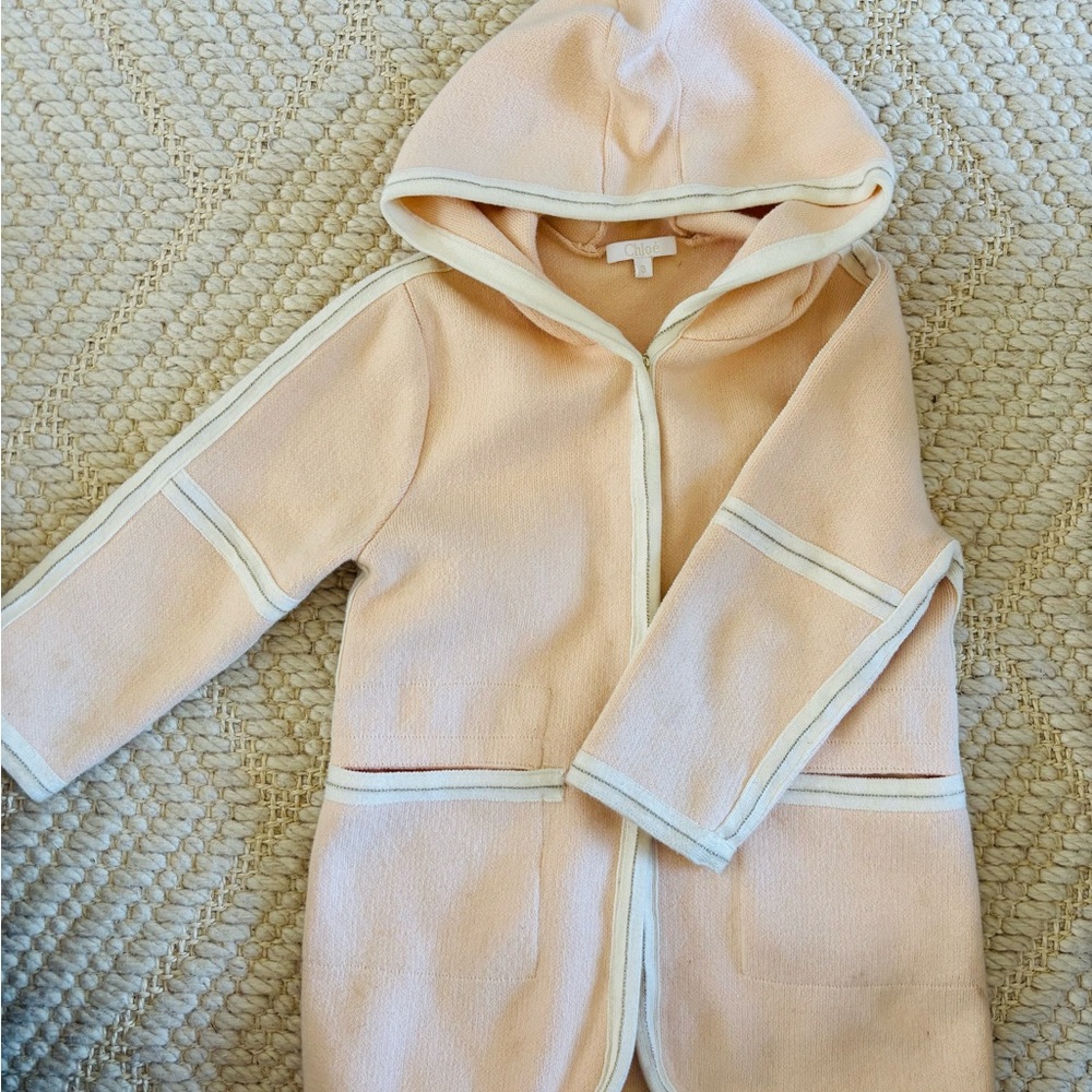 Peach Hooded Cardigan with White Trim